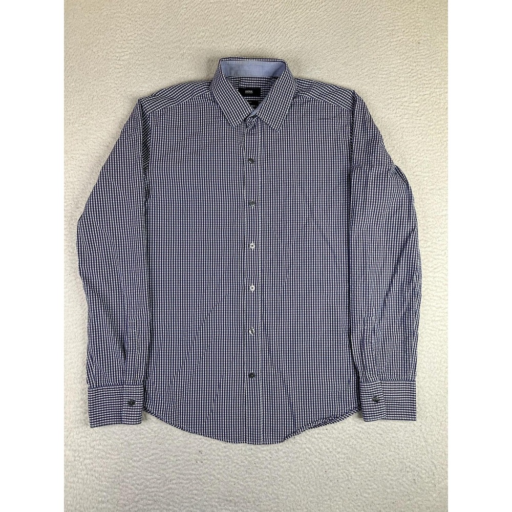 BOSS Hugo Boss Shirt Mens Medium Slim Fit Blue Check Long Sleeve Button‎ Up